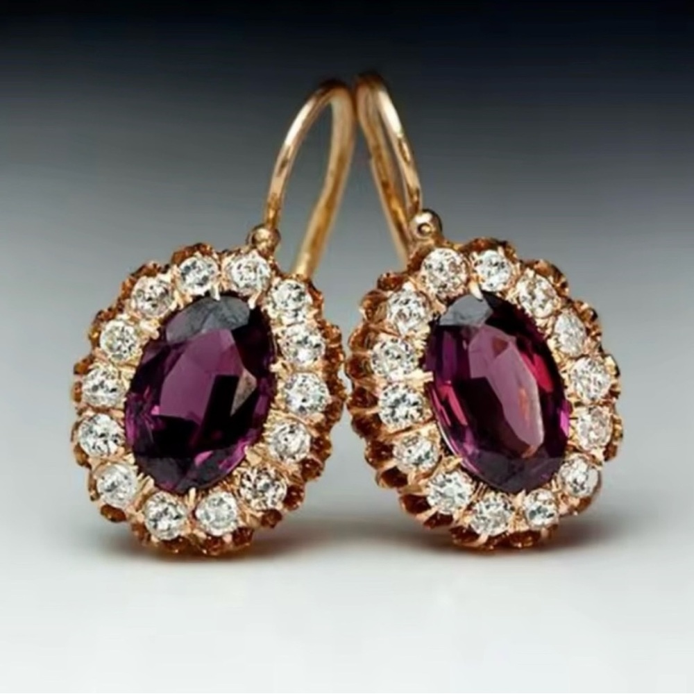 Purple Gold‑Tone Oval Statement Earrings – Jewel‑Tone – - Picture 1 of 5